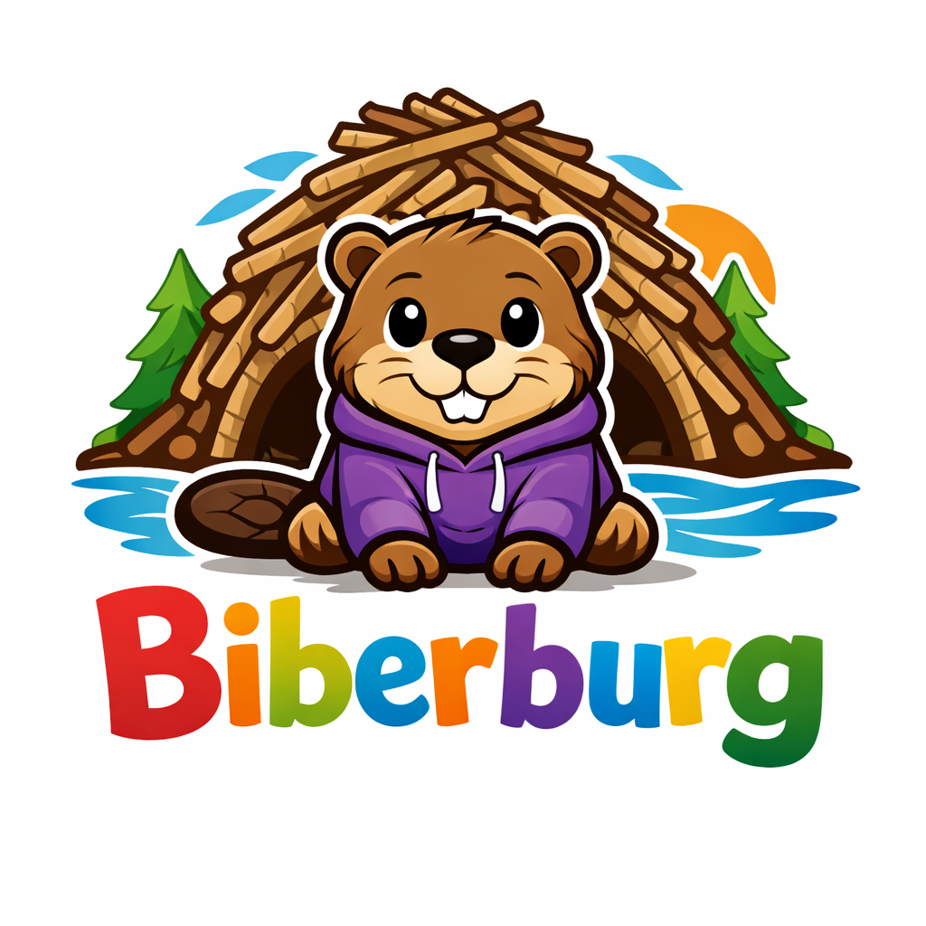 Biberburg Logo – Biber vor seinem Damm